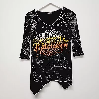 VANILLA SUGAR Halloween V-Neck Asymmetrical Graphic 3/4 Sleeve Black Blouse Sz S • $14.99