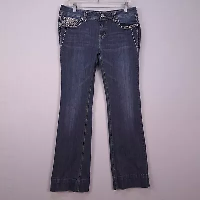 La Idol Jeans Womens 11 Blue Mid Rise Bootcut Denim Rhinestones Hemmed • $17.28