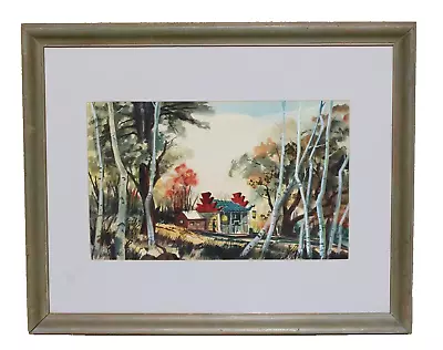 JAKE LEE California ORIGINAL Watercolor Asian Cottage Retreat In Forest Clearing • $225