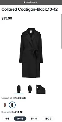 Kmart Anko Collar Black Coatigan Coat Cardigan Jacket Size 10 12 Belt Tie • $20