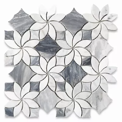 C9G7XH Ice Flower Blossom Waterjet Carrara White Marble Tile Bardiglio Honed • $32.99