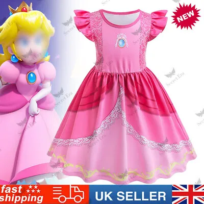 Princess Peach Dress Cosplay Costume Super Mario Party Kids Fancy Dress Up Gift • £8.69