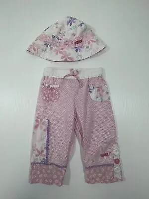 Naartjie Girls Cotton Pink Elephants Crop Pant Hat Set Size 4 5/7 • $14.94