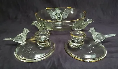 Jeannette Glass PHEASANT Bowl & Candle Holders Dinette Set 1959 VGUC • $26