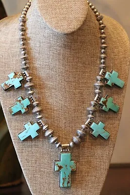 Kingman Turquoise Multi Cross Necklace With Mercury Dime Beads By Buffalo Dancer • $1200