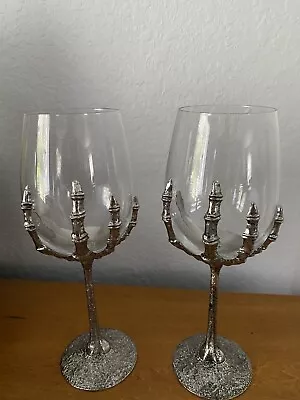 X2 Halloween Skeleton Hand CLEAR Wine Glass Silver Metal Gothic NEW • $48