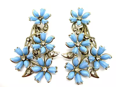 Vintage Pat Pend Signed Blue Floral Rhinestone Silver Tone Clip On 2.5  Earrings • $19.99