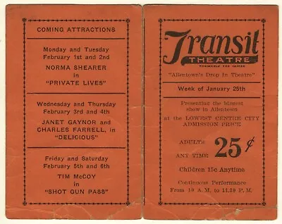 Vintage 1931 TRANSIT THEATRE ALLENTOWN PA Movie Ticket • $7.99