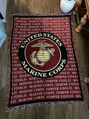 US Marine Corps Woven Fringed Afghan Tapestry Throw Blanket 68x48 Made In USA • $22.99