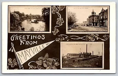 Mayville WI~Main Street~Northwestern Iron Works~Pennant Art Nouveau~1911 RPPC • $19