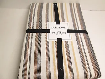 New Rich Home Cotton Tablecloth 60 X84  Black Brown Ivory Gold Stripes New • $29