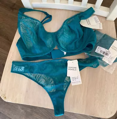 SIMONE PERELE 14D Emerald Bra & 2 Pr Sz 14 Tanga G-Strings NEW DESIGNER DESTASH! • $99