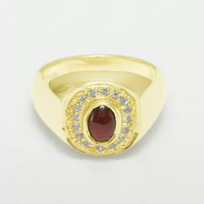 14ct Yellow Gold Natural Garnet & Cubic Zirconia Mens Signet Ring - Sizes N To Z • $2058.13