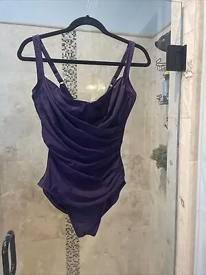 Miraclesuit Pin U Gathered Purple Underwire Bra One Piece Swimsuit Sz 12DD • $79.30