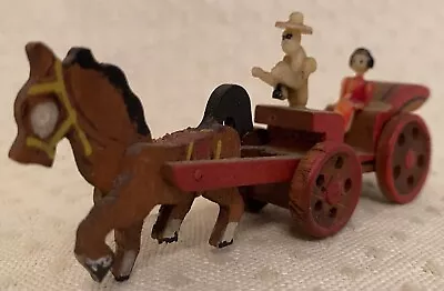 Vintage Miniature Horse Drawn Carriage Cart Wood Plastic Man Woman Moving Wheels • $14.99