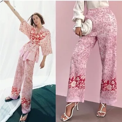 NWT Zara Paisley Floral Linen High Rise Wide Leg Pant Boho Beach Pink XS • $33.75