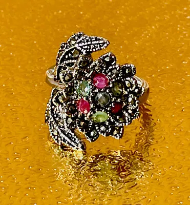 New Real Ruby-emerald-sapphire-marcasite Sterling-silver Rhodium Over Ring/sz 8 • $16.50