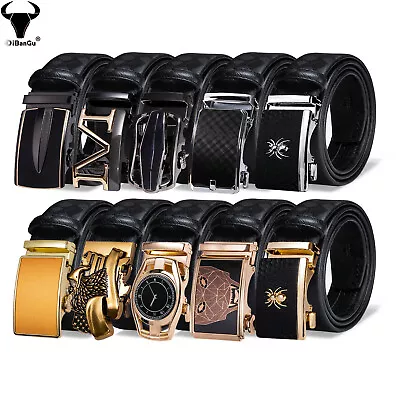 £9.99 • Buy Mens Leather Belts Smooth Automatic Buckle Black Ratchet Business Waist Straps