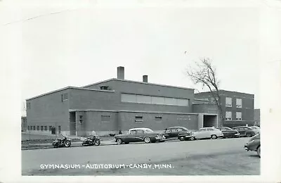 Gymnasium Auditorium With 1950s Cars Motorcycles Canby Minnesota RPPC Postcard • $7.99