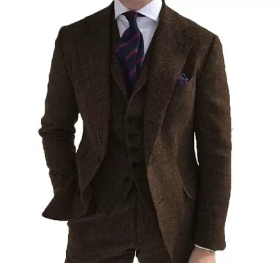 Men Suit Brown Wool Herringbone Tweed Vintage Check Prom Party Groom Tuxedo Suit • $100.31