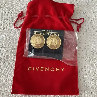 Vintage Givenchy Paris New York Chunky Logo Round Clip On Earrings With Bag • $81.92