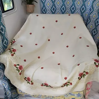 Vintage 60  Round Red & Cream Embroidered Floral Lace Trim Tablecloth • $34.99