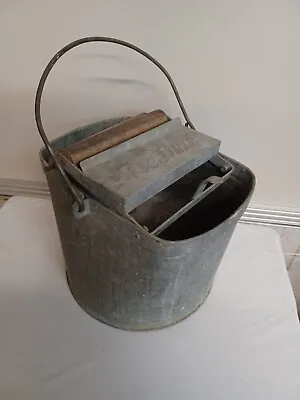 Vintage DeLuxe Galvanized Metal Mop Bucket Pail Wooden Rollers Wringer • $34.99