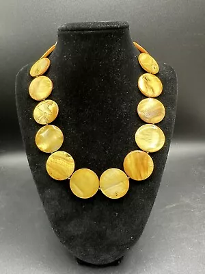 Mustard Mother Of Pearl Flat Round Disc Necklace Knotted • $3.99