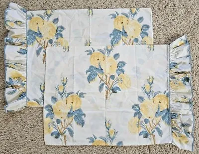 Vintage Laura Ashley Pillow Cases Alba Roses Yellow Blue Ruffled 2 Standard • £22.17