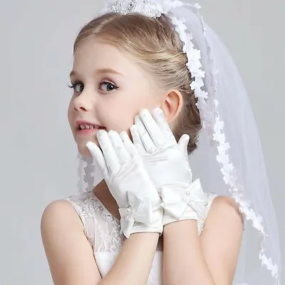 £4.14 • Buy Girls Bow Satin Gloves Elbow Short Party Wedding Dance Performance Gloves