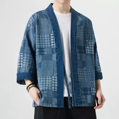 Mens Ethnic Kimono Yukata Open Front Denim Cardigan Jacket Bathrobe Casual Retro • £34.20