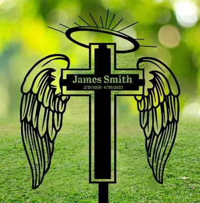 Angel Wings Cross Custom Name Memorial Stake Memorial Cross Stake Grave Marker • $194.99