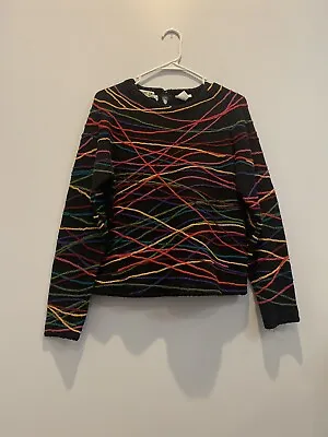 Vintage Michael Simon Sweater 1993 Colorful Abstract Lines Black Background Sz 1 • $49.97