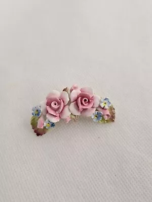 Porcelain Vintage Double Flower Brooch Pink Roses Bar Fastening • £8