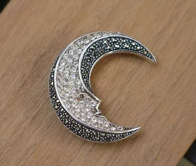 Vintage Sterling Silver 925 Marcasite CZ Crescent Moon Face Pin Brooch / Pendant • $58