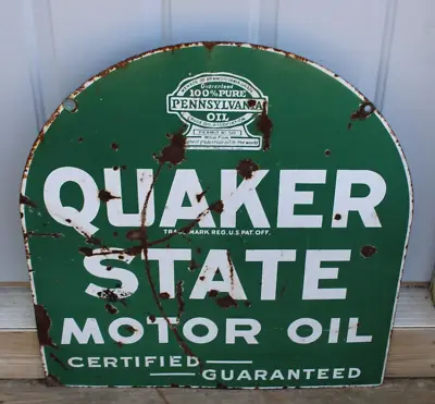 1950s Era QUAKER STATE MOTOR OIL Old Double Sided Porcelain Tombstone Shape Sign • $400
