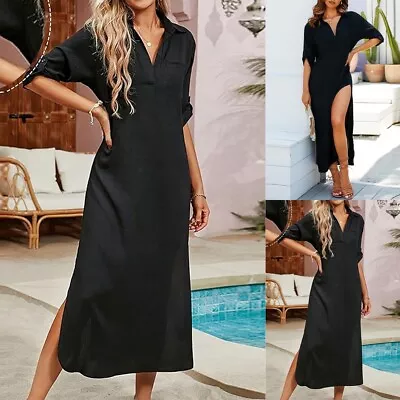 Summer Womens Roll Tab Split Maxi Long Dress Ladies Cover Up Holiday Shirt Dress • £3.99