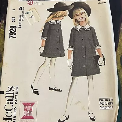 $10 • Buy Vintage 1960s McCalls 7929 Girls Yoke Cuff + Collar Dress Sewing Pattern 8 CUT