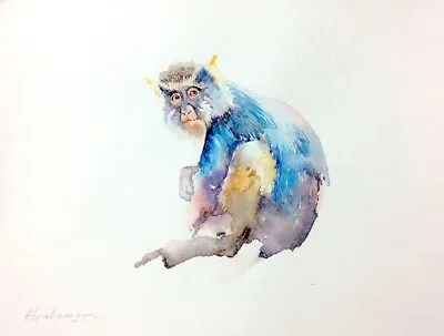 Blue Monkey Animal Watercolor Artwork Handmade Original Painting On Paper • $40