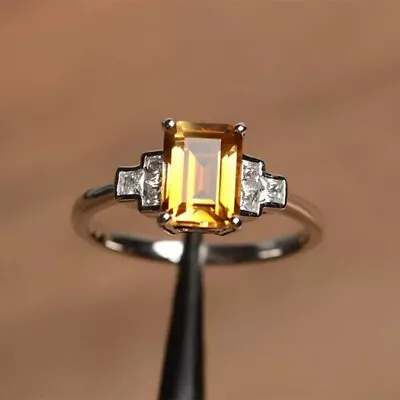 3.5Ct Canary Yellow Color Emerald Cut Cocktail Ring Party In 14k White Gold Over • £80.64