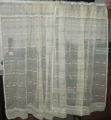 Pair Vintage 1940's Gauze Ivory And Green Curtains 39  L X 41  W Each Panel • $20