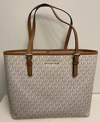 NEW Michael Kors Leather Handbag Tote Satchel Shoulder Bag Beige Signature • $97.49