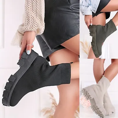 £20.99 • Buy Womens Flat Chunky Platform Sole Ladies Chelsea Slip Knitted Ankle Boots Shoes