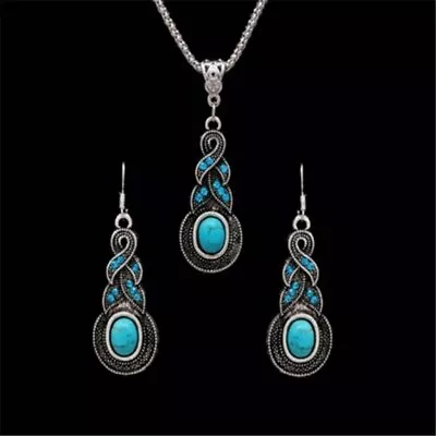 Blue Earrings Crystal Turquoise  Pendant  Silver Tibetan Necklace & Dangle Drop • £3.71