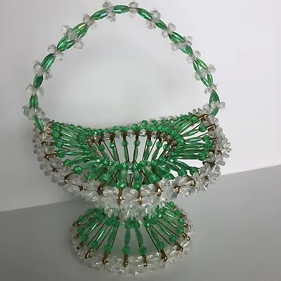 Vintage Hand Crafted Collectible Green & Clear Safety Pin Beaded Flower Basket. • $14.99