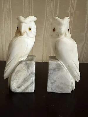 Vintage Pair Of White Alabaster Marble Owl Bird  Bookends Hand Carved Glass Eyes • $25