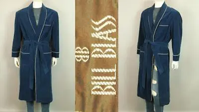 Vtg Men's BILL BLASS Blue Cotton Corduroy Smoking Coat Lounging Robe Satin Lined • $65