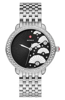 Ladies Michele Serein 36mm Watch With Black Diamond Fan Dial And Diamond Bezel. • $1295