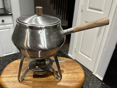 Vintage Hankyu Japan Fondue Pot With Stand Mid Century MCM Wood & Stainless • $26.95