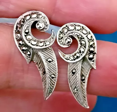 Vintage Sterling Silver & Marcasite Swirl Clip On Earrings Beautifully Engraved • £17.99